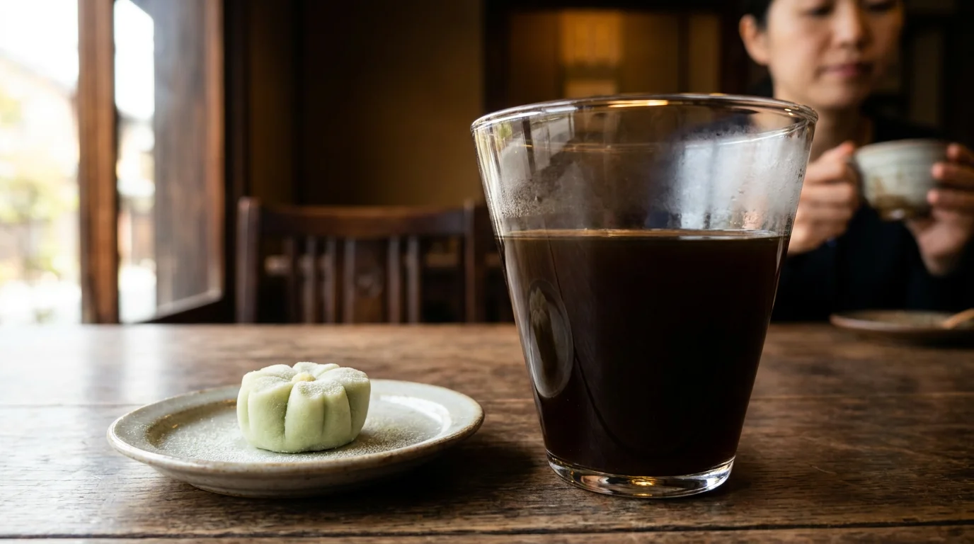 白い器に盛られた菓子と隣に置かれた深い色のコーヒー