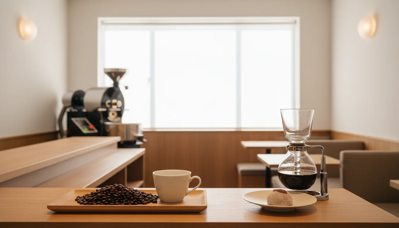 木のテーブルに置かれた湯気の立つコーヒーカップとコーヒー豆