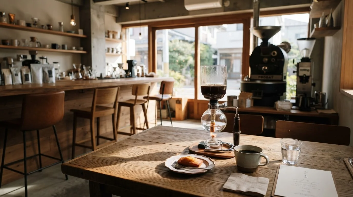 朝の自然光が入るカフェ店内、木製のテーブルと奥に並ぶカウンター席