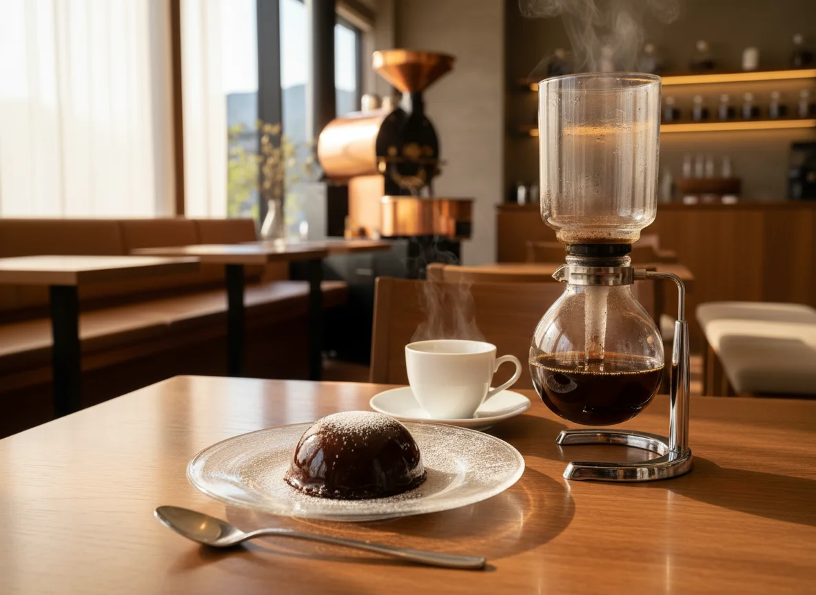 ガラス皿に盛り付けたコーヒー風味のデザートとスプーン